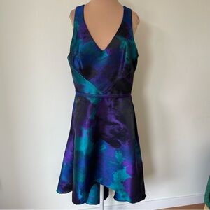 Theia Satin Abstract Print Blue V-Neck Sleeveless High Low Cocktail Dress EUC 14